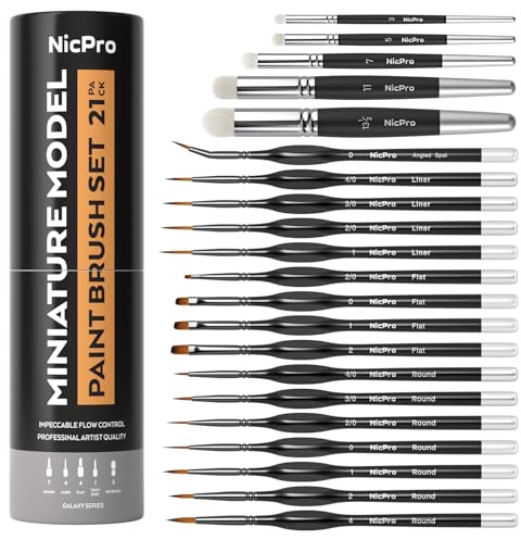 Nicpro Juego de 21 Pinceles de Pintura en Miniatura para Acuarela acrílica, Pincel seco para, Pintura, Modelo, miniaturas DND, con contenedor
