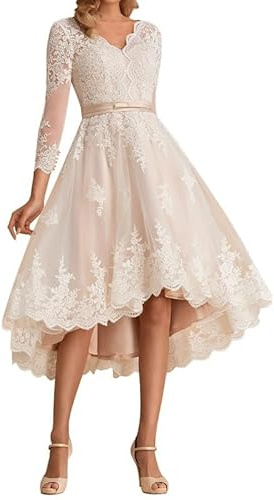 GeRRiT Abiti da Sposa Corto Pizzo Tulle Abito da Sposa Irregolare Abito da Sposa Manica Lunga Registry Office Dress, Champagne, 44