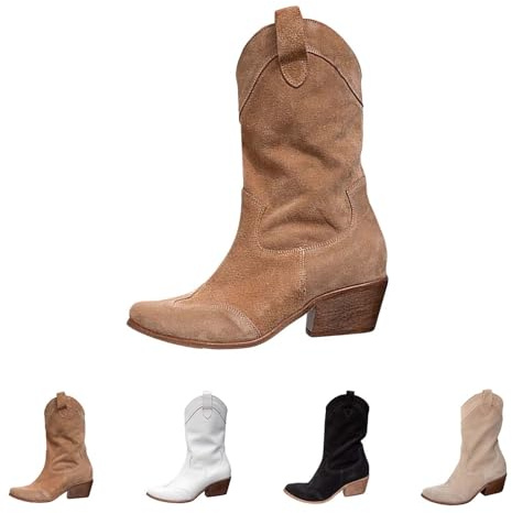 Botas Texanas de Mujer Con Tacón Bajo Western Invierno - Botines de Media Pantorrilla Altas Con Cremallera - Boots de Punta Equitación, Marrón, 43 EU