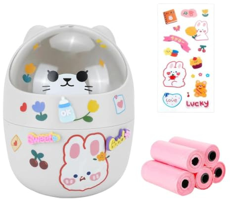 IBEQUEM Portable Gray PP Plastic Mini Lidded Desktop Trash Can | Lovely Cartoon Outlook, Matching 5 Rolls Bin Liners and Stickers, Tiny Storage Container for Bedroom Desk, Car and Kitchen