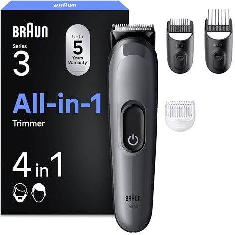 Braun Rasoio Elettrico Barba e Capelli Serie 3, Accessori, AIO3500, Grigio | Rifinitore All-in-One 4in1 con Lama Ultra Affilata, Regolabarba Uomo, 14 Lunghezze, per Viso e Capelli, 50 Min di Autonomia