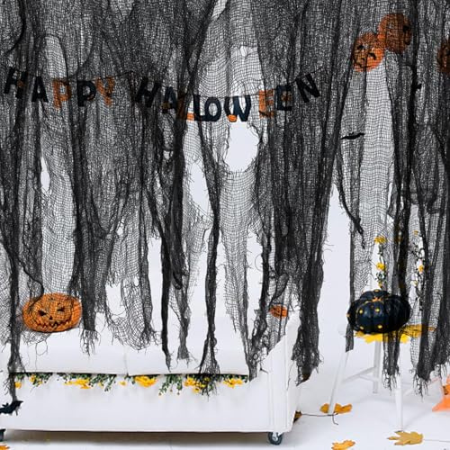 0.76x7.6M Halloween Gruseliger Tuch - Schwarz Halloween Deko Horror Gaze Stoff für Innen Outdoor Türen Hallen,Veranden,Decks,Fenster,Tore, Deko Prop