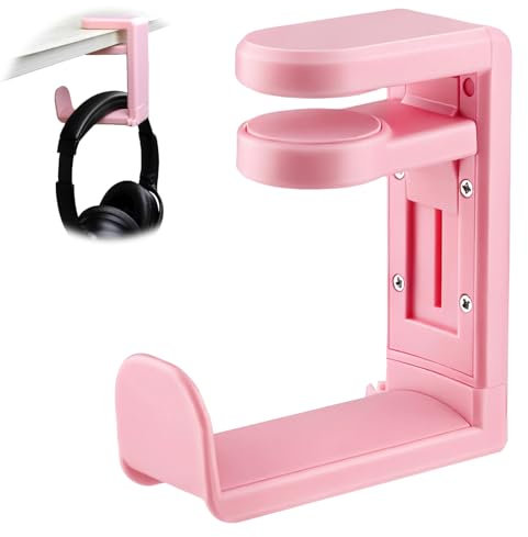Headphone Stand Hanger, 360° Swivel Adjustable Headset Desk Hook, Rotating Stand with Spring Clamp, Under Desk Storage Hooks for Gaming Headsets, Controllers & Cables, Space Saving Table Hook(Pink)