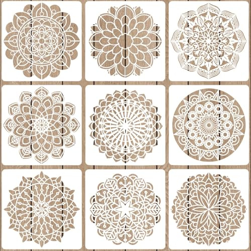 Qililandiy 9 Stück Mandala Schablone 12 Zoll Punktierung Werkzeug DIY Vorlage Muster für Mandala Art Leinwand Malerei