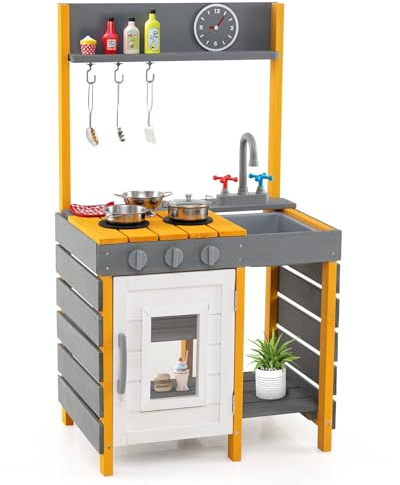 GYMAX Kids Mud Kitchen, Outdoor Toy Kitchen with Stoves, Removable Sink, Faucet, Oven, Hanging Hooks, Storage Shelves & Cookware Accessories, Wooden Cooking Role Playset 3+ Years Old Boys Girls