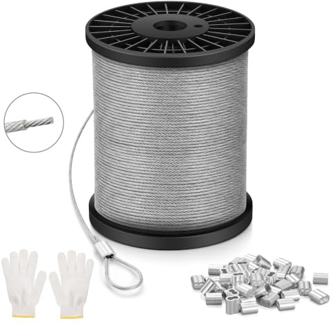 NZNSML Wire Rope Stainless Steel 1.2 mm, 50 M Wire Cable Heavy Duty | 7x7 Strand Core Garden Hanging Cable with Aluminum Crimping Clamps Loop Sleeve for Hanging Pictures Clothes Line Garden
