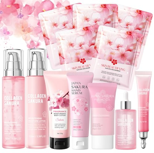 Sakura Skincare Set de 12 piezas para el cuidado facial para mujer con crema hidratante, suero, crema para ojos, tónico, limpiador facial, máscara y crema de manos para piel delicada e hidratada