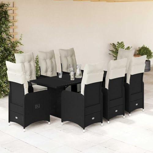 9-TLG. Set di bistrò da giardino con cuscino nero polyrattan, sedie regolabili, tavolo in vetro, resistente ai raggi UV, per terrazze, balconi, esterni