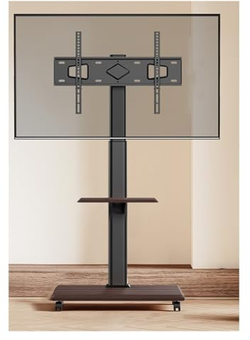 HYJYGM TV-stativ Mobil TV-stativ för 37-75 tum LCD-platt/krökt panel-TV-apparater, roterbar tilt-tv-vagn håller upp till 132 kg, bärbart stativ med hyllan (brun), brun