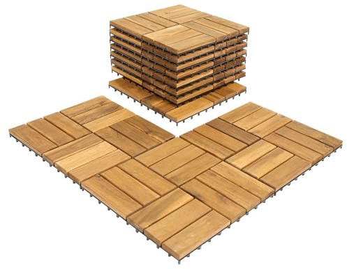 Jaxguom Balkonfliesen 30x30cm, Akazienholz Terrassenfliesen 110Stück 10㎡,Balkon Bodenbelag(12 Latten),Terassenboden Außen,Klickfliesen Terrasse Mosaik für Garten Patio