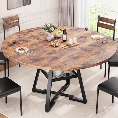 Shally Dogan Tavolo Rotondo per Sala da Pranzo e Cucina Diametro 120 cm con Gambe in Metallo, Design Industrial Vintage con Ripiano Portaoggetti Inferiore e Piano in Legno, Ideale per Casa e Ufficio