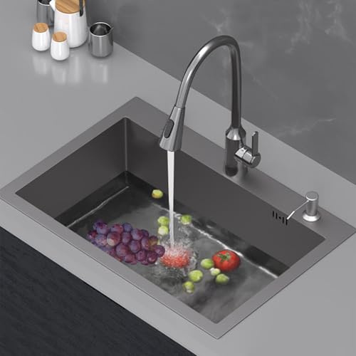 WBJGUOD Lavello da Cucina in Acciaio Inossidabile Grigio, 1 Vasca, da Incasso, con Dispenser di Sapone, Piano di Lavoro con lavamani, cestello di Scarico e piletta, Facile da Pulire