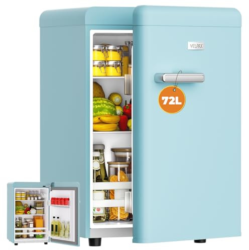 VELPAX Retro Mini Fridge, 72L Large Capacity, 43dB Quiet, Vintage Design with LED Light, 7 Temperature Control, for Bedroom, Office, Kitchen & Bar [Energy Class E] (Soft Green)