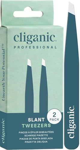 Cliganic Pinzas profesionales para cejas, punta inclinada, precisión para hombres y mujeres, acero inoxidable, ideal para depilar el vello facial de barbilla (azul, paquete de 2)