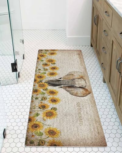 Farmhouses Shower Mat Non Slip Bathtub Mat Elephants and Sunflowers Vintage Brown Background Bath Mat Soft Loofah Shower Mats for Shower Tub Bathroom Quick Drying Foot Mat, 16x36 Inch