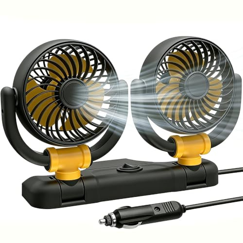 KUWUNG 12V Ventilator Auto, Doppelkopf 360° Drehbar Auto Ventilator mit 2 Geschwindigkeiten, Doppellüfter Geeignet mit Zigarettenanzünder Schnittstelle für 12V/24V Auto Wohnmobil Van SUV (B)