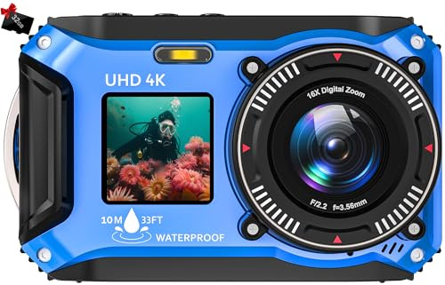 Appareil Photo Numérique Etanche, 4K 64MP Appareil Photo sous-Marin étanche à la poussière, Flottant, avec Mise au Point Automatique, Batterie 1500 mAh et Une Carte de 32 Go