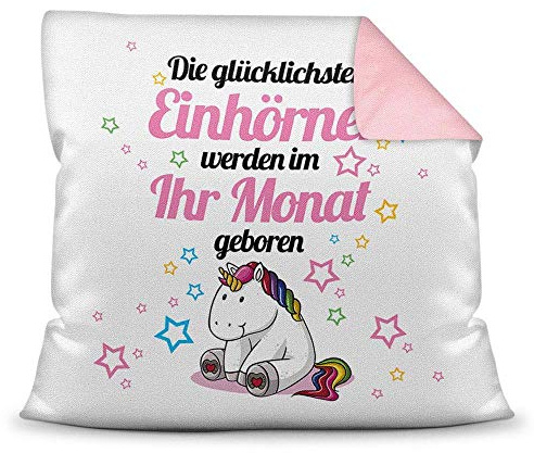 Print Royal Personalisiertes Geburtstags-Kissen mit Monatsangabe - Glückliches Einhorn - Geschenkidee/Deko-Kissen / 40x40 / Tiermotive/TOP-Qualität - Rückseite Altrosa inkl. Füllung