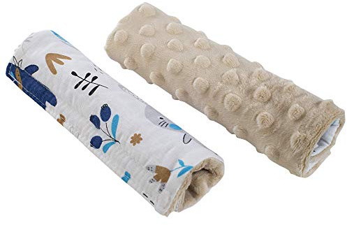 Medi Partners Gurtpolster Schulterpolster für Kinderwagen Kinderautositze Baby 100% Baumwolle Minky 1 Paar 18x13cm doppelseitig Buggy Sportwagen Auto (Boho Animals mit beige Minky)