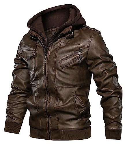 Uusollecy Veste en Cuir Homme Blouson Cuir Homme Hiver David Outwear Cuir Synthétique avec Capuche Amovible,Marron,XL