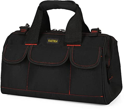 FASTECH 43 cm slitstark verktygsväska med bred mun för verktygsförvaring, bärare och organisatör, verktygsväska för män, bred mun verktygsväska med innerfickor (43 cm)