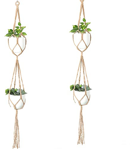 CENPEK 2er Set 150cm Makramee Blumenampel, Baumwollseil Hängeampel Hängetopf für Pflanzen mit 4 pcs Metallhaken für Innen, Garten, Wohnzimmer，Außen, Balkon, Fenster, Balkone Wanddekoration