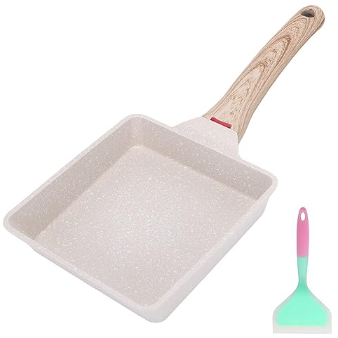 Bobikuke Padella per Omelette Giapponese, Padella Tamagoyaki con Spatola in Silicone, Pentole Rettangolare per Frittata per Induzione e Gas (Bianco)