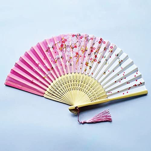 Yukiyi - Éventail pliable à main pour femme, en bambou et tissu de soie, avec pompon - Décoration murale, fête de mariage - Motif fleur - Rose