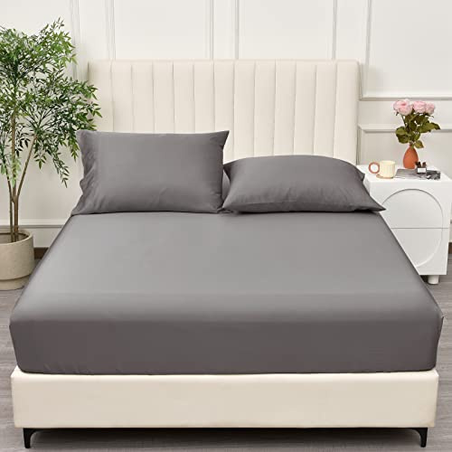PHF 100% Rayon Derived from Bamboo Fitted Sheet Queen Size, 16 Deep Pocket,2.5cm Wider Strong Elastic Easy Fit, Breathable Silky Soft Skin-Friendly for Hot Sleeper,60x 80, Grey, No Pillowcases