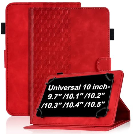 Universal Schutzhülle für 10-Zoll Premium Ledertasche Folio Smart Case Multi-Winkel Stand Stifthalter Universal Case Hülle für 9,7'' 10.1'' 10.2'' 10.3'' 10.4'' 10.5'' Tablet, Rot
