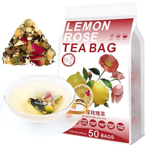 Plant Gift 50 Cups Lemon Rose Tea Bag (柠檬玫瑰茶 NING MENG MEI GUI CHA) 7.05oz (4g*50bags/200G) Löwenzahn, Chrysantheme, Rose Natürliche gemischte Kräuterkombination von Blumen Tee