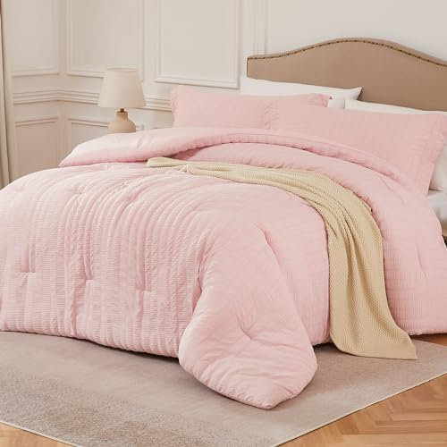 Quataly Seersucker-Bettwäsche-Set für Doppelbett, leicht, 2-teilig, 1 weiche, flauschige Bettdecke und 1 Kissenbezug, für alle Jahreszeiten, gemütlich, modern, für Damen und Herren, Rosa