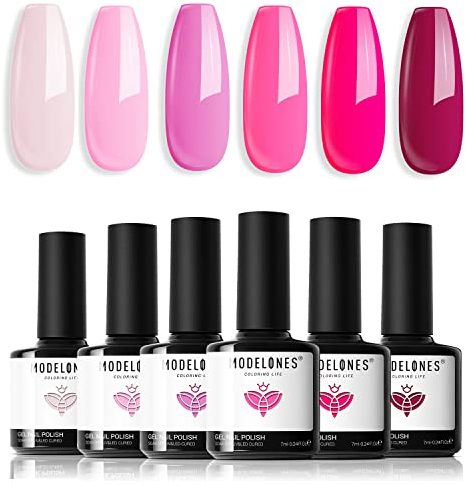 Modelones UV Nagellack, Rosa Dunkelrosa Nude 6 Farben Gellack UV Gel Nagellack Set LED Soak Off Gelnägel Nail Polish für Nail Art Nageldesign