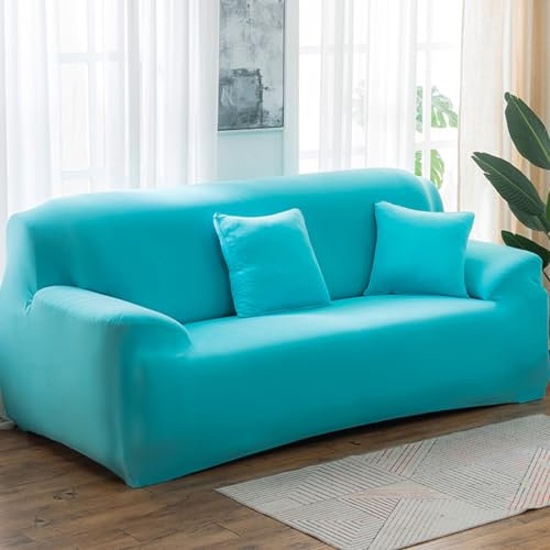 Hiseng Einfarbig Sofa Überzug, Stretch Sofabezug 1-4 Sitzer Couch Überzug mit 2 Kopfkissenbezügen Sofa Cover, Sofaschoner für Haustiere (3-Sitzer,Himmel Blau)