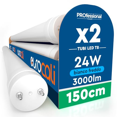 Eurocali 2 Tubi LED 24W 150cm T8 G13 SMD con Starter 3000 Lumen Garanzia 3 Anni - Luce Fredda 6500K - Alta Luminosità 125 lm/W - Sostituzione Neon per Negozio Garage Soffitto Materiale Nano Plastic