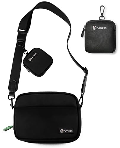 Purrfects Dog Walking Bag Includes Mini Dog Treat Pouch (Black) - Crossbody Strap, Detachable Treat and Poop Bag Dispenser with Easy Clip-On Poop Bag Roll Dispenser, Durable Treat Pouch for Dog