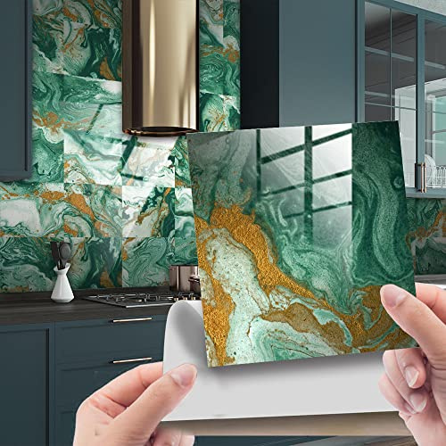 Fliesenaufkleber Marmor Grünem Gold Klebefliesen Wasserfest Fliesenaufkleber Bad Fliesenaufkleber Küche Möbel Deko Küchenrückwand Selbstklebend Mosaikfliesen 20x20cm(10 Stück)