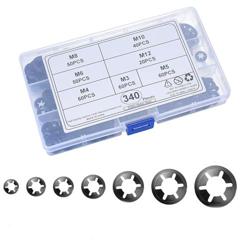 Rondelle,340 PCS Rondelle di Bloccaggio per Denti Rondelle Interne del Dente Spingono Rondelle di Fissaggio con Dente Interno Kit di Assortimento di Rondelle M3/M4/M5/M6/M8/M10/M12