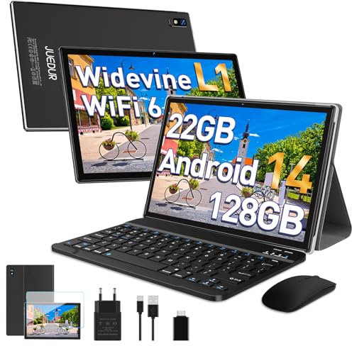 JUEDUR Tablet 10 Pulgadas, Tablets Android 14, 22GB RAM+128GB ROM (1TB TF), Tableta PC Widevine L1, 8000mAh, Octa-Core 2.0Ghz, 5G WiFi, Tablet con Teclado y ratón - Negro