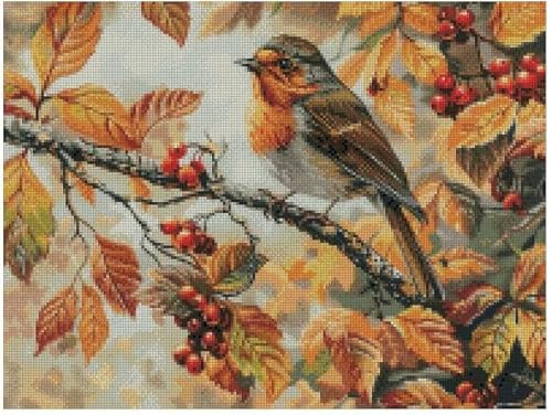 Robin in Autumn Counted Cross Stitch Kit, 100% Cotton, 200x150 Stitches, 35.6x27.2 cm, Autumn Bird Design Counted Cross Stitch kit