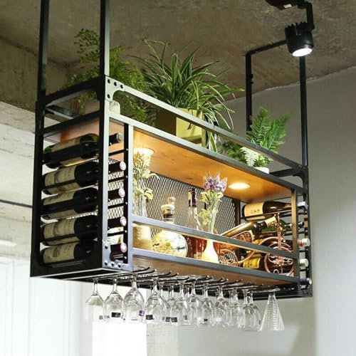 Portabottiglie Da Parete Moderno Con Supporto Per Bicchiere, Portabicchieri Da Soffitto, Scaffale Per Vino Sospeso In Metallo Industriale A 2 Strati, Per Bar Cucina Ristorante Caffetteria, Nero