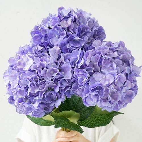 IPLNTS 3 Pcs 26 Huge Extra Large Faux Silk Hydrangea Artificial Flowers Purple, Fake Flower with Long Stems, for Wedding Centerpiece Large Vase Home Decor