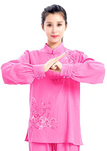 SFSLBFB Damen-Taichi-Uniform aus Baumwollleinen, für Kinder und Mädchen, Kung-Fu-Anzug, Lange Ärmel, Kampfsportuniform, bestickte Performance-Kleidung, Wing Chun Taichi-Kleidungsset, Pink1-XXL