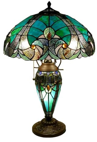 BOTOWI Tiffany Tischlampe Meergrün Gelb Buntglas Tischleuchte Viktorianischer Stil 16 Zoll Große Schreibtischlampe 2 Licht Vintage Antik Neben Leselampe für Wohnzimmer Schlafzimmer Büro,Grün