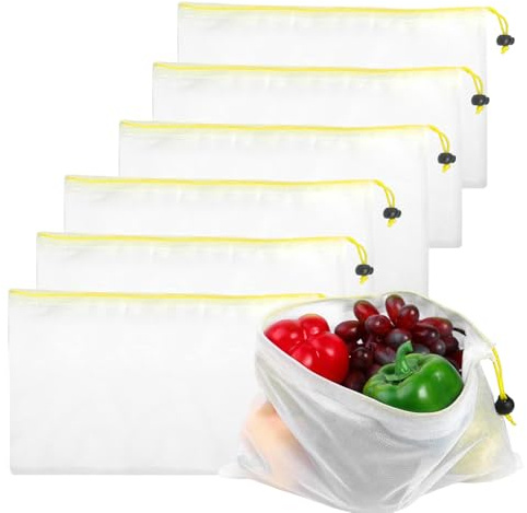 6 Stück Netzbeutel, Wiederverwendbare Netzbeutel, Netzbeutel mit Kordelzug für Obst und Gemüse, Gemüsebeutel mit Netz, Obstbeutel, Einkaufsbeutel zur Aufbewahrung von Obst und Gemüse (20 x 30 cm)