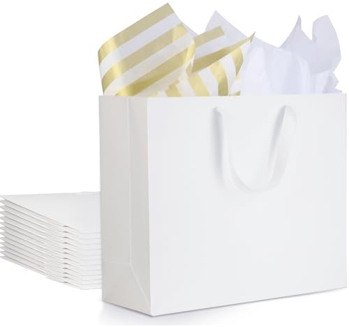 HRUISE 12 Stück Weiße Geschenktüten mit Seidenpapier - 32x11.5x28cm - Mittel Papiertüten mit henkel, Papier Tüten Geschenktaschen aus Papier Set für Hochzeiten Babypartys Partei Geburtstag