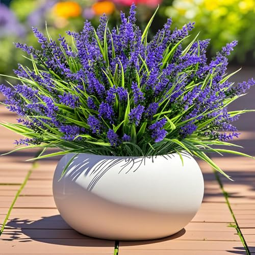 Geegoods Artificial Plants Flowers Outdoor – 24 Bundles UV Resistant Faux Lavender Flowers with Monkey Grass for Garden Porch Window Patio Hanging Planter Decor
