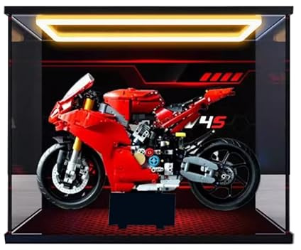 HCAEIOFJ Vitrine d'exposition en acrylique transparent pour Lego Technic 42202 Applicable pour moto Ducati Panigale V4 S Boîte d'exposition conçue Cadeau (Vitrine uniquement) (Arrière-plan + Éclairage