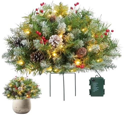 Lueear Remplissage de pot de fleurs de vacances, arbre pré-éclairé de 40,6 cm avec support – 50 lumières LED, remplissage de pot de fleurs lumineux extérieur, décoration d'intérieur de vacances à