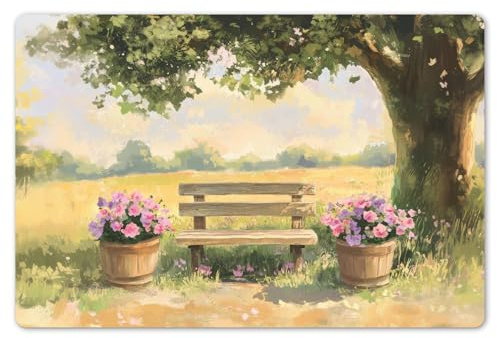 KitchenYeah© Set de Table Ensemble 6 Pièces Dessous Plat Antidérapant | 45x30 cm - Rectangulaire - Lavable Coloré Vinyle Banc En Bois - Pots Fleurs - Paysage
